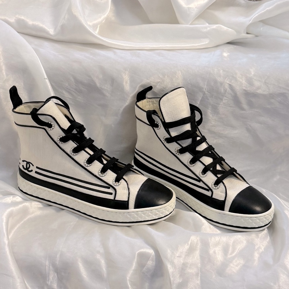 Brand New**Chanel White CC Cap Toe Pearl Embellished High Top Sneakers